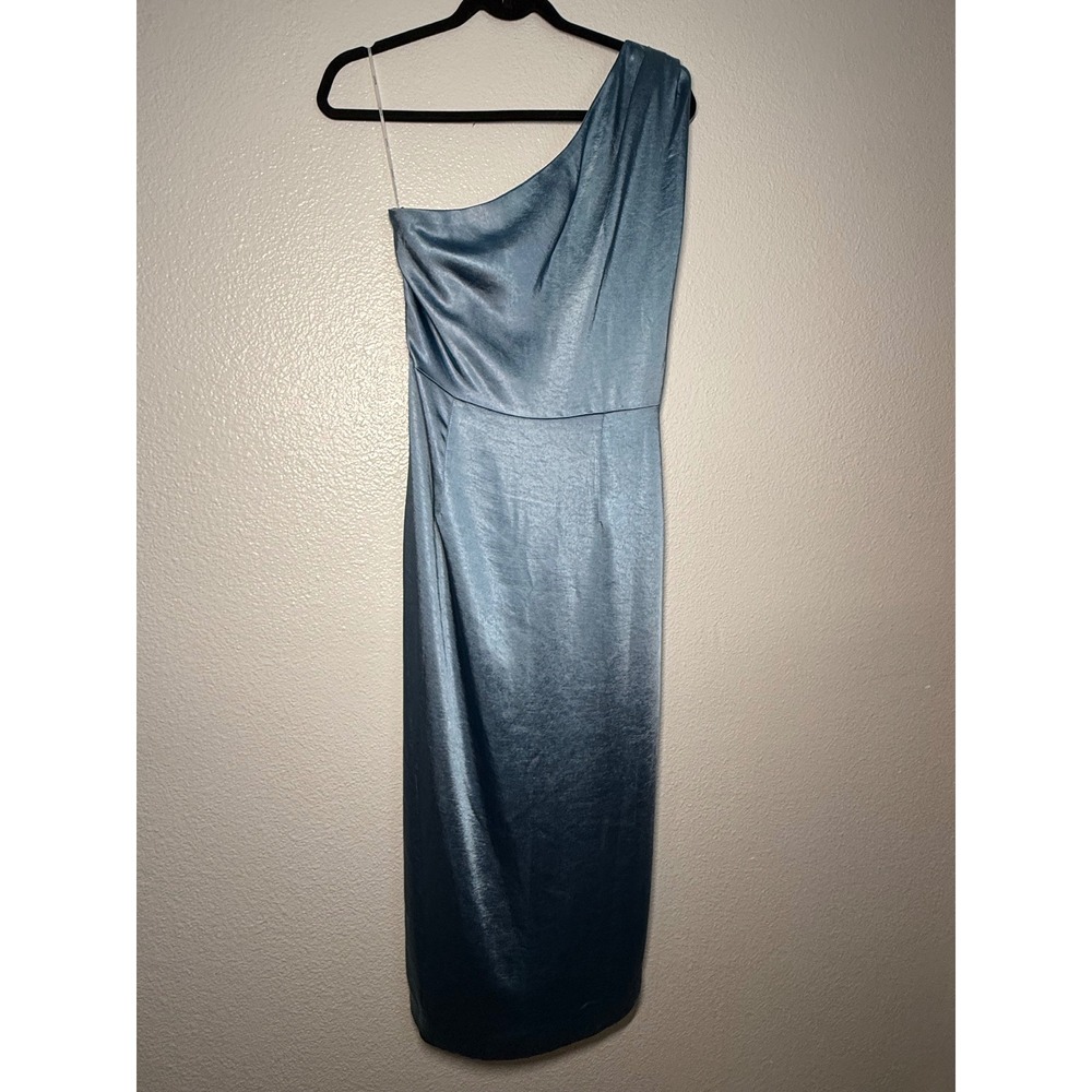 ELLIATT Reception Dress Dusty Blue One Shoulder Satin Ruched Midi Size L‎ - Picture 12 of 16